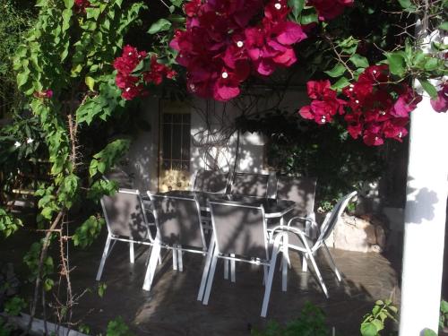 a group of chairs sitting under a bunch of flowers at Au pied de la falaise rouge in Leonidion