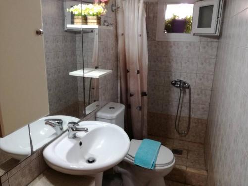 a bathroom with a sink and a toilet and a shower at Litsa 1 in Metamorfosi