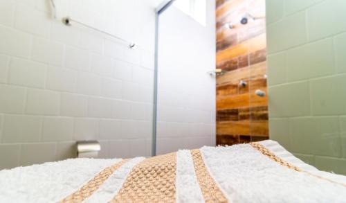 a bathroom with a shower and a bed in a room at Villas da Bocaina in Bananal