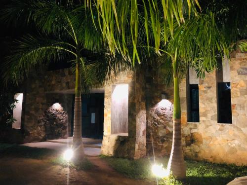 two palm trees in front of a stone building with lights at The Kent in Tissamaharama