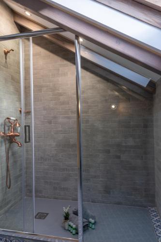 a shower with a glass door in a bathroom at Villa Virginia Hotel in Karpenision