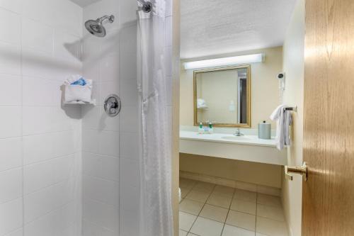 W łazience znajduje się prysznic i umywalka. w obiekcie Holiday Inn Express Chicago-Downers Grove, an IHG Hotel w mieście Downers Grove