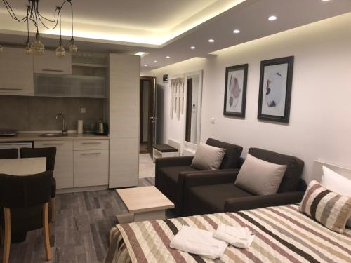 a bedroom with a bed and a couch and a kitchen at Milmari Resort in Kopaonik