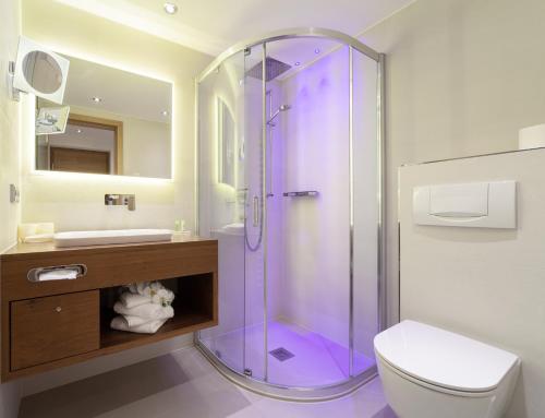マイヤーホーフェンにあるApparthotel Königのシャワー、トイレ、洗面台を備えたバスルーム