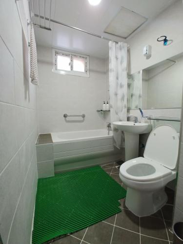 a bathroom with a white toilet and a green rug at The Red House in Sokcho