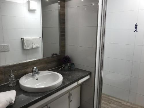 La salle de bains blanche est pourvue d'un lavabo et d'une douche. dans l'établissement Steiner Strandappartements Appartement 106 Süd- Landseite, à Stein