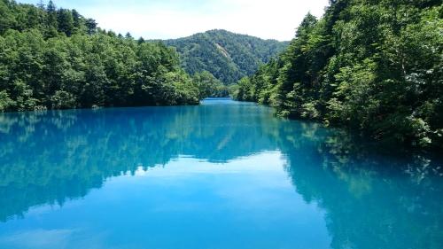 a river with blue water and trees on the sides at Shiga Kogen Lodge in Yamanouchi