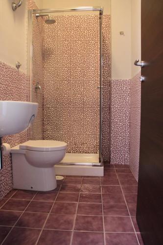 a bathroom with a shower and a toilet and a sink at Hostel of the Sun in Naples