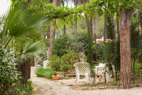 a garden with two white chairs and trees and plants at La Villetta in Pula