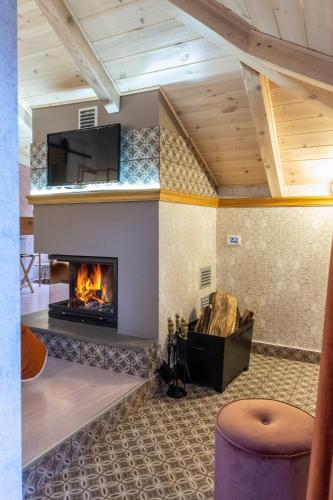 a living room with a fireplace and a tv at Villa Virginia Hotel in Karpenision