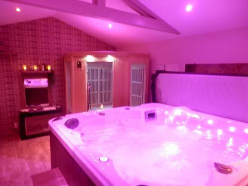 a bathroom with a large tub with purple lighting at Suite luxe avec sauna et jacuzzi privée in Lambesc