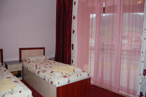 ein Schlafzimmer mit zwei Einzelbetten und einem Fenster in der Unterkunft Pensiunea Anca in Baile Felix