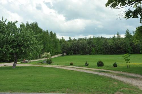a dirt road through a green field with trees at Country Houses Vidų Sodyba in Utena