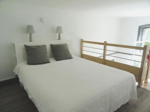 1 dormitorio con 1 cama blanca grande y 2 almohadas en Pavillon Kalensa, en Vals-les-Bains