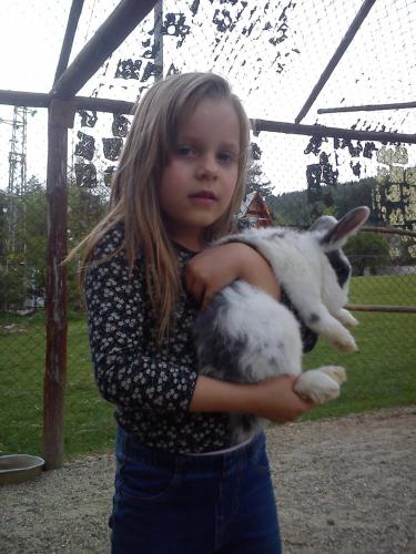 a little girl holding a rabbit in her arms at Rusaliite Adventure House in Bachevo
