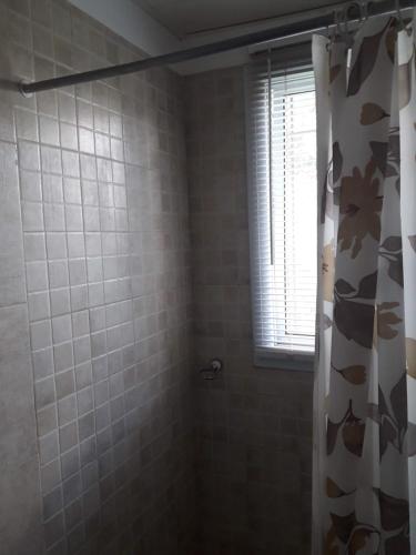 La salle de bains est pourvue d'une douche avec rideau de douche. dans l'établissement Departamento Estancia Vieja 74 PB, à Estancia Vieja