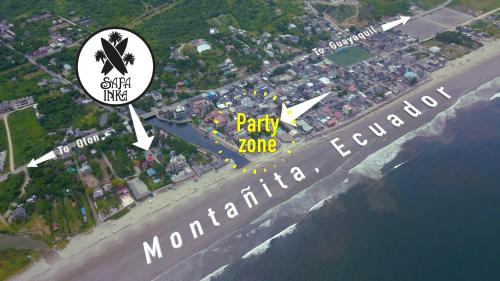 an aerial view of a party zone on a beach at Sapa Inka in Montañita