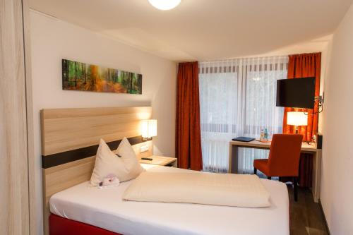 a hotel room with a bed and a desk at TaunusTagungsHotel in Friedrichsdorf