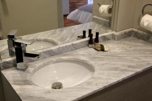 a bathroom counter with a sink and a mirror at Hotel Plaza Ñuñoa in Santiago