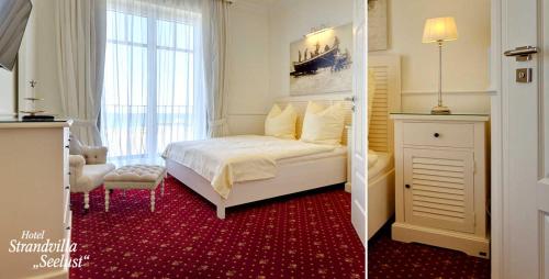 a bedroom with a white bed and a red carpet at Strandvilla Seelust in Schönberger Strand