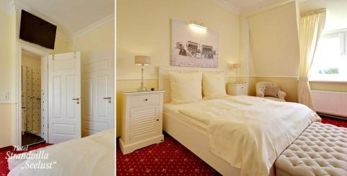 a bedroom with a white bed and a room with a window at Strandvilla Seelust in Schönberger Strand