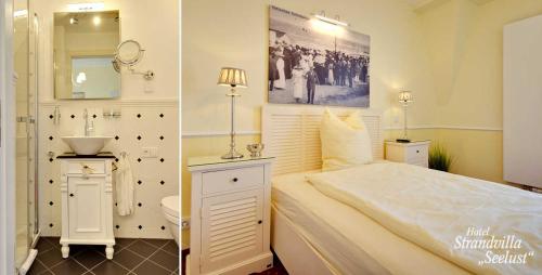 two pictures of a bedroom with a bed and a sink at Strandvilla Seelust in Schönberger Strand