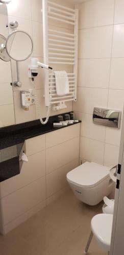 a white bathroom with a toilet and a mirror at Akzent Hotel Gut Höing in Unna
