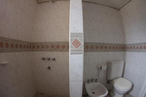 un baño con aseo y ducha en el Hotel Teomar de Villa Gesell