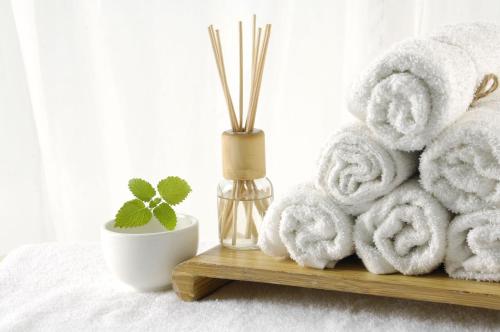 a pile of towels on a wooden tray with a plant at Cancun Blue Airport in Cancún