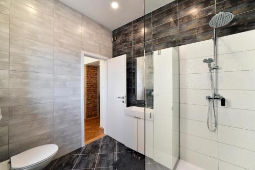 een badkamer met douche en toilet bij Corner Apartments Savska in Zagreb