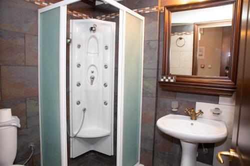 een badkamer met een douche, een wastafel en een toilet bij Aenao in Neochori