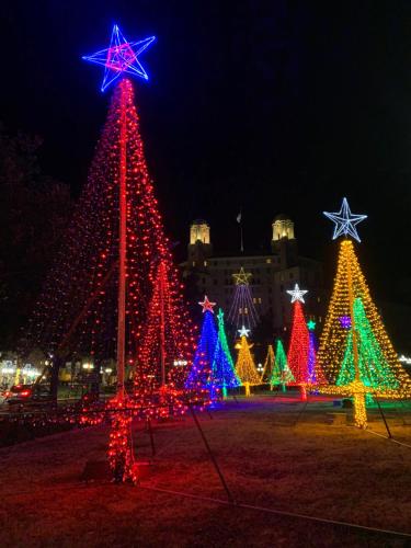 a group of christmas trees lit up at night at Arlington Resort Hotel & Spa in Hot Springs