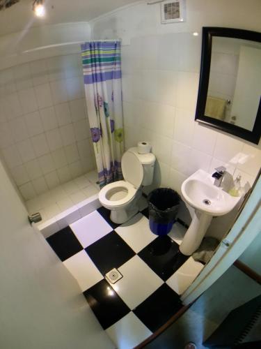 a bathroom with a toilet and a sink at Gecko Hostel in Pucón
