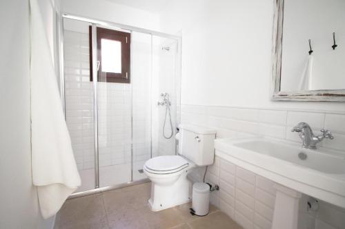 een badkamer met een toilet, een douche en een wastafel bij Sa Tanqueta in Ses Salines