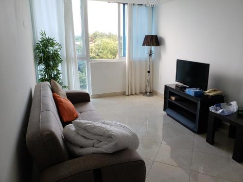 sala de estar con sofá y TV en Ibiza Playa Corona, en Chame