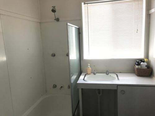 CurrarongにあるBull Ray Beach Houseの洗面台、シャワー、窓のあるバスルーム
