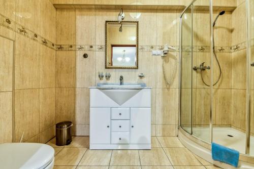 a bathroom with a shower and a sink and a toilet at Hotel Gracja in Gorzów Wielkopolski