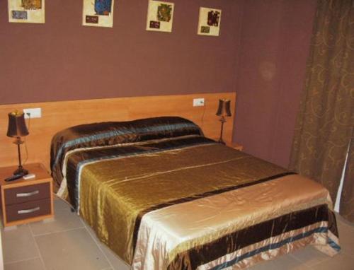 1 dormitorio con 1 cama y 2 lámparas y cuadros en la pared en Hostal el mirador, en Higuera de Llerena