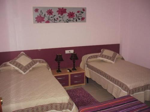 een kamer met twee bedden en een foto aan de muur bij Hostal el mirador in Higuera de Llerena