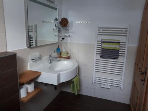 a bathroom with a white sink and a mirror at Landhaus & Apartment Taxach in Ried im Zillertal