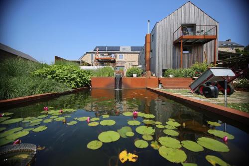 a pond with lily pads in a garden at Le sentier des étangs in Barsy