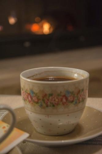 a cup of coffee on a plate on a table at 1957 To Rodo kai to Roido in Karpenision