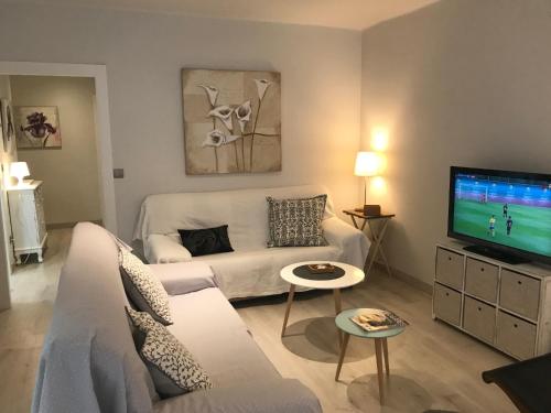 a living room with a white couch and a tv at Apartamento Turístico Puigcerdá Correos in Puigcerdà