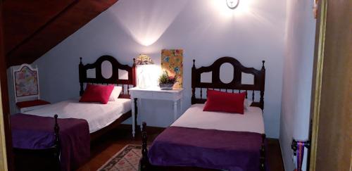 a bedroom with two beds with red pillows at casa da Aldeia in Mina de São Domingos