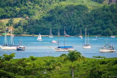 a group of boats in a large body of water at Pousada Morro do Forte in Paraty