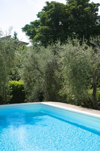 a blue swimming pool with trees in the background at Villa Fiorenzani in Radicondoli
