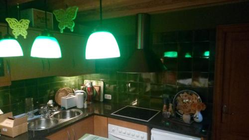 a kitchen with green tiled walls and a sink and lights at Casa Montseny con piscina,bosque in Sant Pere de Vilamajor