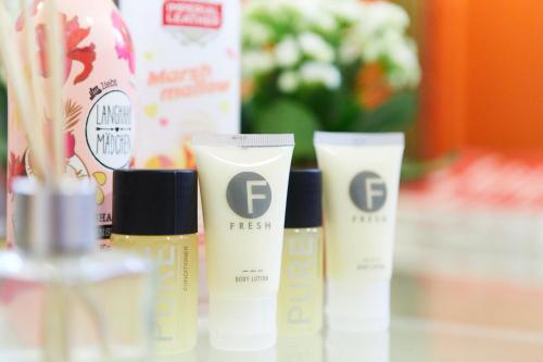 a group of four products sitting on a table at St Christopher's Inn Hammersmith in London