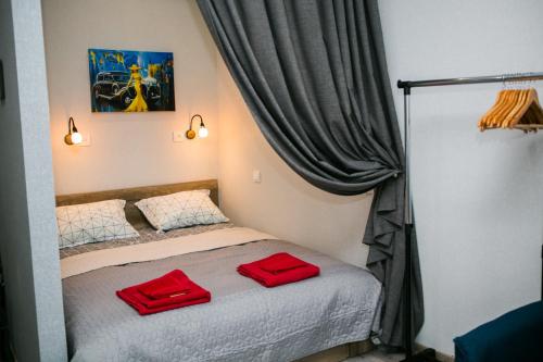 リヴィウにあるLuxury flat in downtownのベッドルーム1室(赤い枕のベッド1台付)