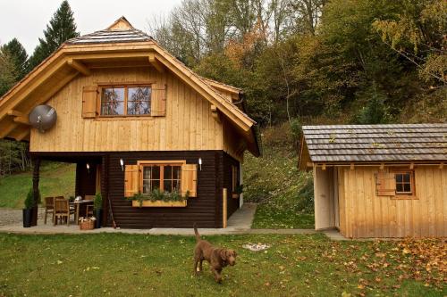a dog standing in front of a wooden house at Rainbachhütte-Waldgut Granig in Glödnitz
